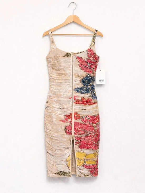 NWT Kiana Zip Midi Dress Beige Floral Sequin Size S - Picture 3 of 3